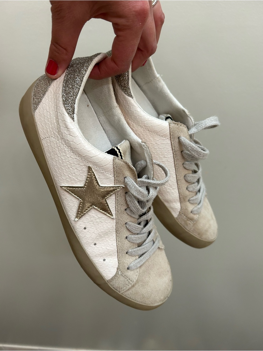 ShuShop White and Taupe Star Accent Sneakers